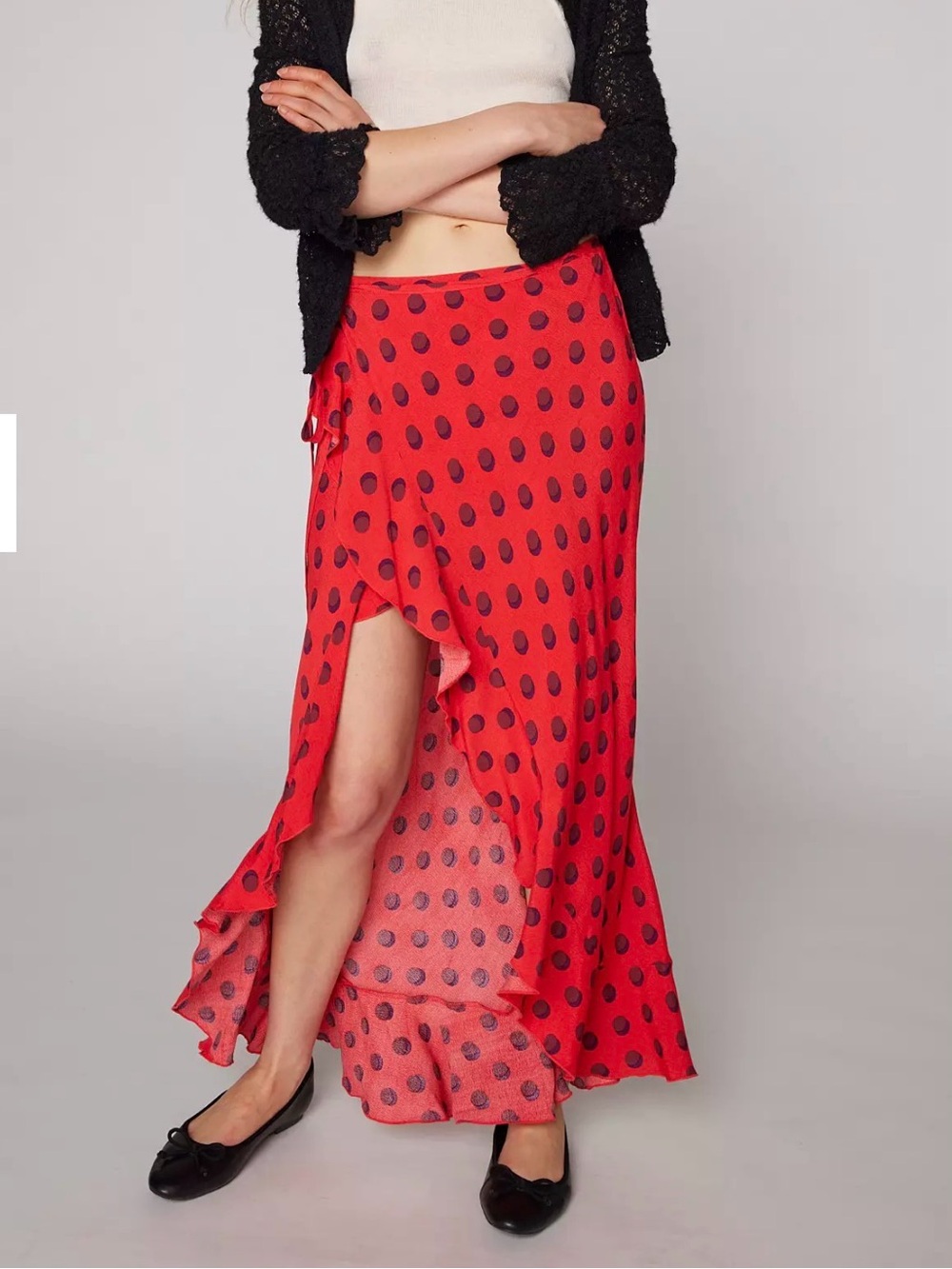 Kimchi Blue L Red Polka Dot Ruffle Maxi Wrap Skirt Boho Coquette Whimsigoth